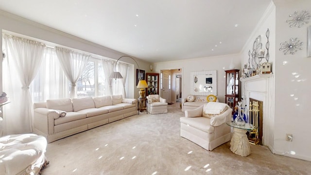 carpeted living room featuring ornamental molding