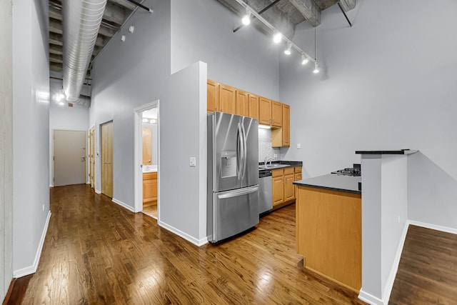 kitchen featuring dark wood-type flooring, a towering ceiling, stainless steel appliances, and decorative backsplash