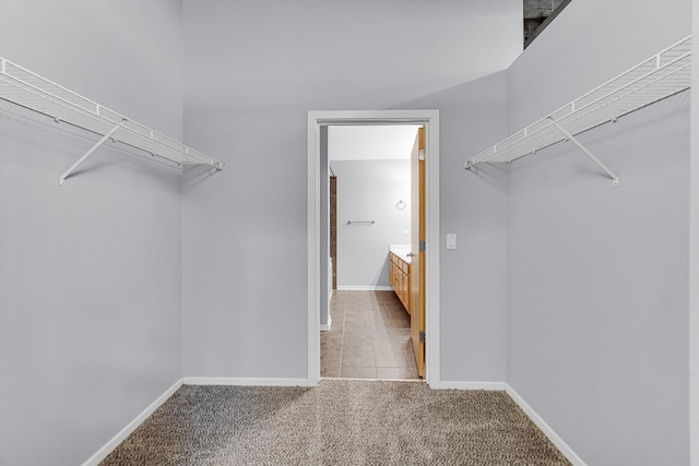 spacious closet featuring light colored carpet