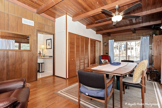 dining area featuring ceiling fan, wood walls, wooden ceiling, and beam ceiling