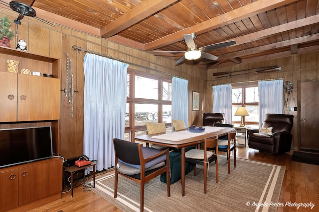 dining area with beam ceiling, wooden walls, hardwood / wood-style floors, and ceiling fan