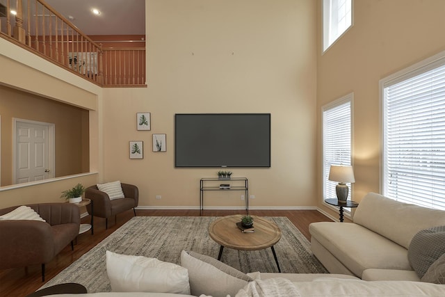 living room featuring hardwood / wood-style flooring and a high ceiling