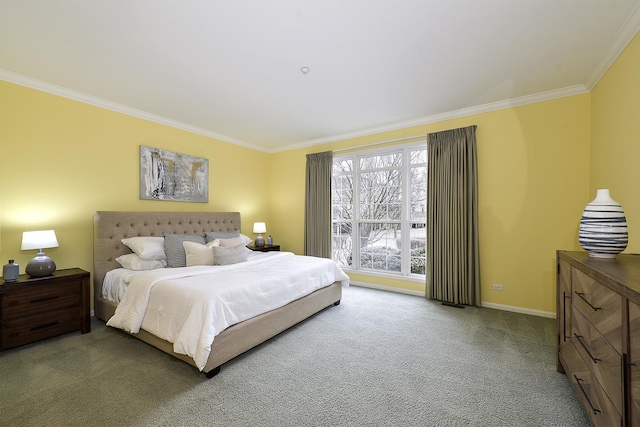 carpeted bedroom featuring crown molding