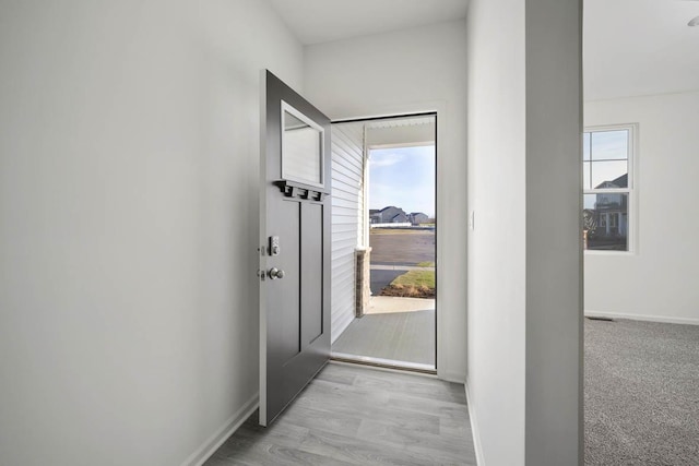 entryway featuring light colored carpet