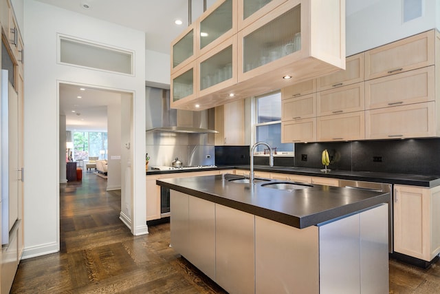 kitchen featuring backsplash, a center island with sink, dark wood-type flooring, and sink