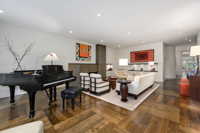 living room featuring parquet floors