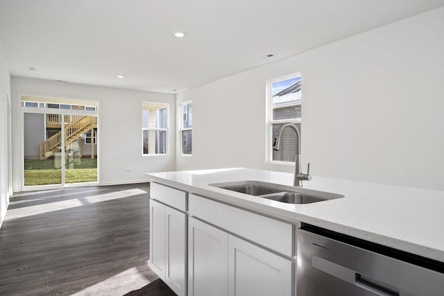 kitchen with sink, stainless steel dishwasher, a healthy amount of sunlight, dark hardwood / wood-style flooring, and white cabinetry