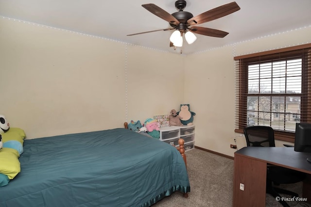 bedroom with light colored carpet and ceiling fan