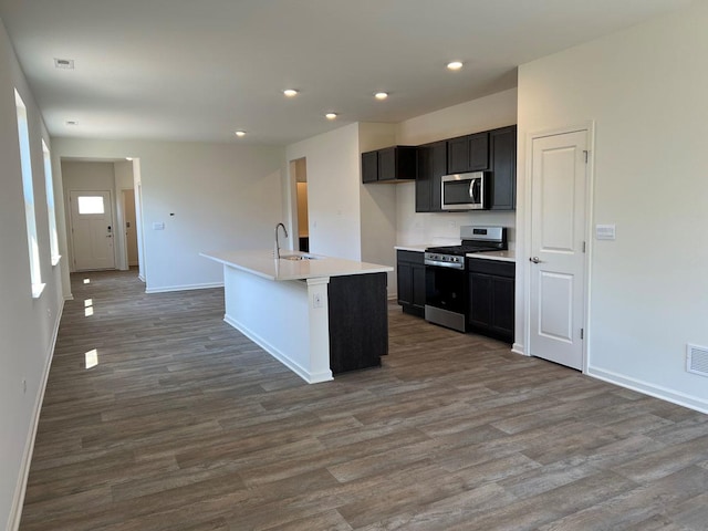 kitchen featuring hardwood / wood-style floors, sink, an island with sink, and stainless steel appliances