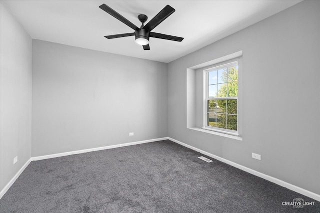 spare room with ceiling fan and carpet