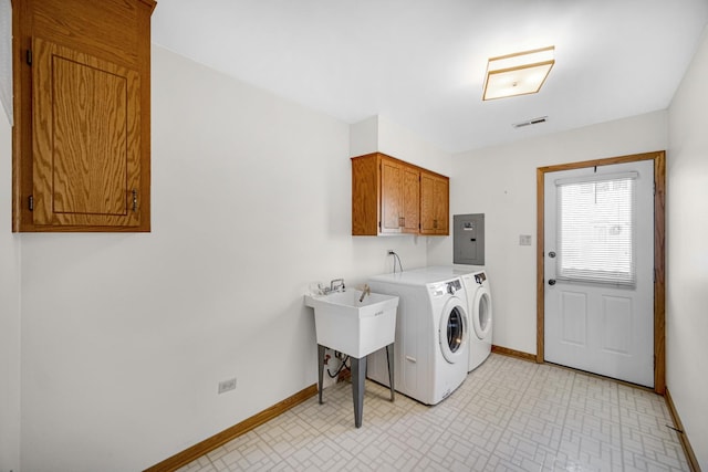 clothes washing area featuring cabinets, electric panel, and washing machine and clothes dryer