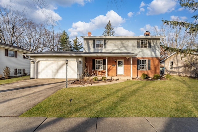 view of front of home featuring a front lawn, covered porch, and a garage