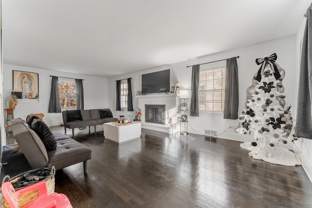 living room featuring a fireplace and dark hardwood / wood-style floors