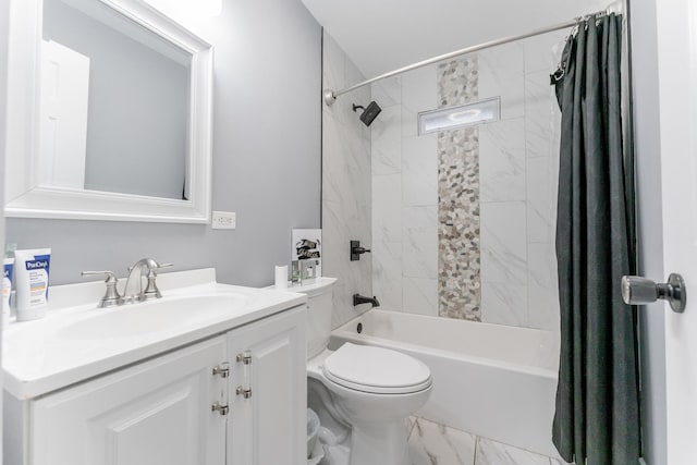 full bathroom featuring vanity, toilet, and shower / bathtub combination with curtain