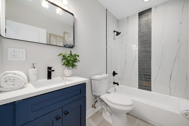 full bathroom featuring tile patterned floors, tiled shower / bath combo, toilet, and vanity