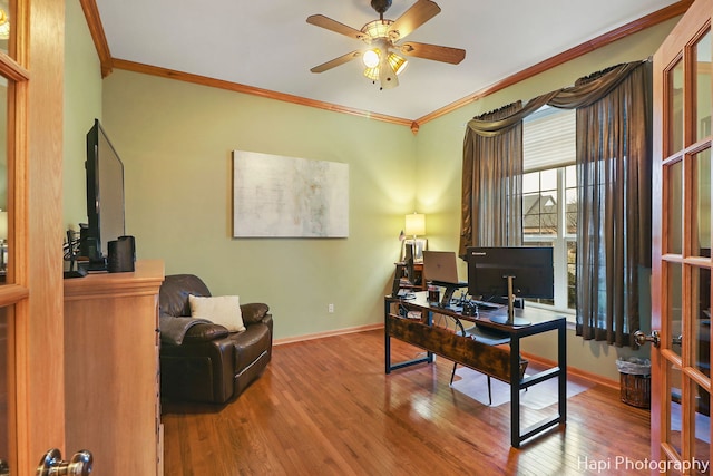 office with ceiling fan, wood-type flooring, and crown molding