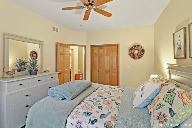 bedroom with ceiling fan and a closet