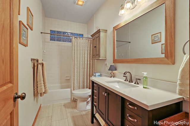 full bathroom with vanity, tile patterned flooring, shower / bathtub combination with curtain, and toilet