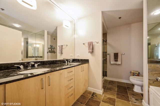 bathroom featuring vanity, toilet, and a shower with shower door