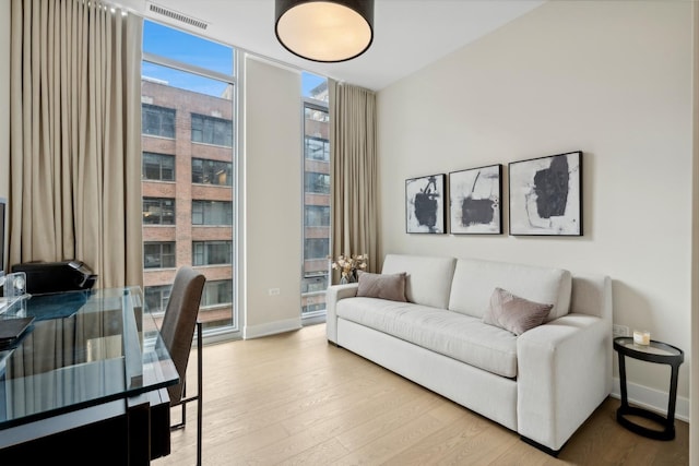 office space featuring light hardwood / wood-style floors and expansive windows