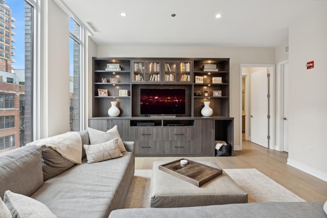 living room with light wood-type flooring and plenty of natural light