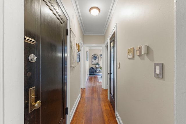 hall featuring crown molding and dark hardwood / wood-style floors