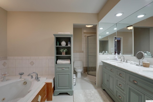 full bathroom featuring vanity, tile patterned floors, plus walk in shower, and toilet