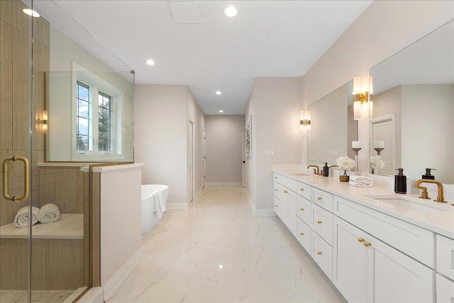 bathroom featuring plus walk in shower and vanity