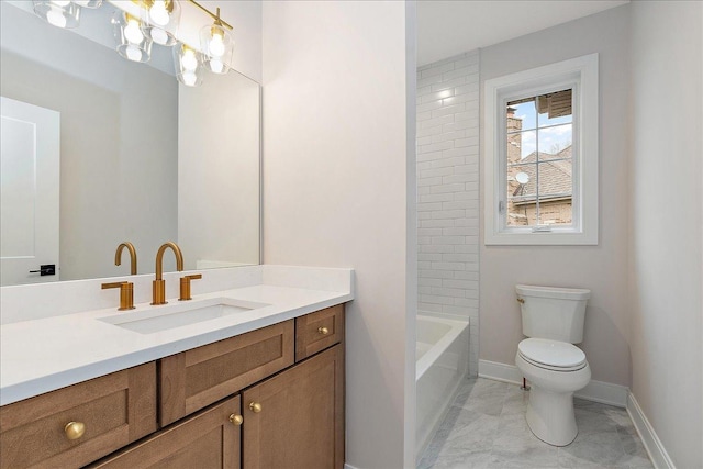 full bathroom with tiled shower / bath combo, vanity, and toilet