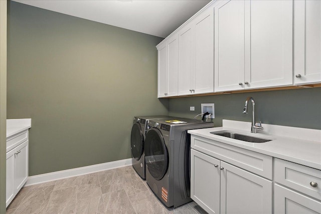 laundry room featuring cabinets, sink, and washer and clothes dryer