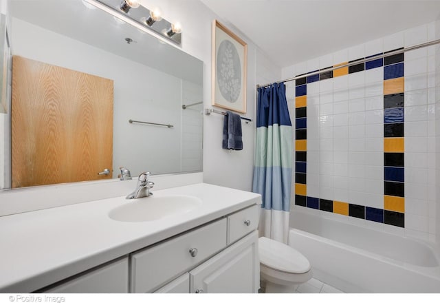 full bathroom featuring vanity, shower / tub combo, and toilet