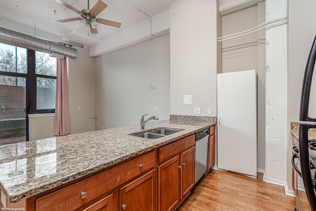 kitchen with dishwasher, sink, ceiling fan, light stone countertops, and kitchen peninsula