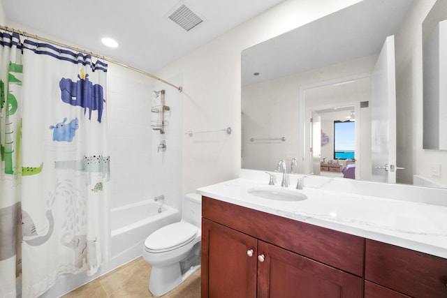 full bathroom with toilet, shower / tub combo, vanity, and tile patterned floors