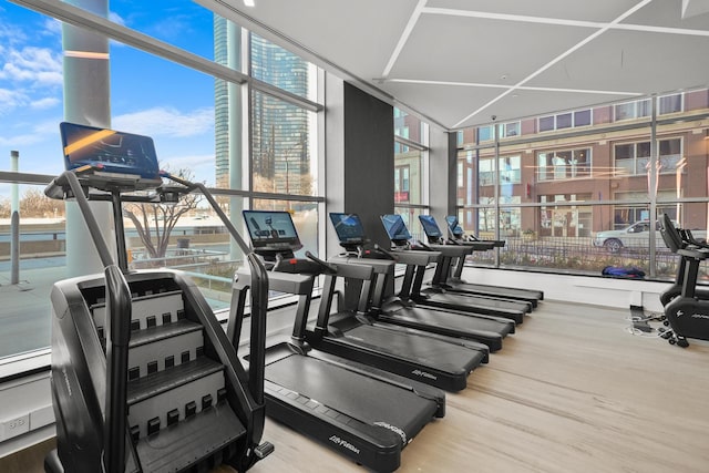 gym with plenty of natural light and wood-type flooring