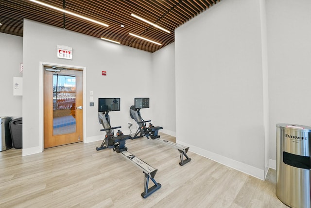 exercise area featuring light hardwood / wood-style floors and a high ceiling