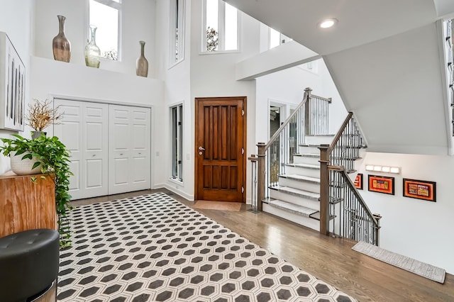 entrance foyer with wood-type flooring and a high ceiling