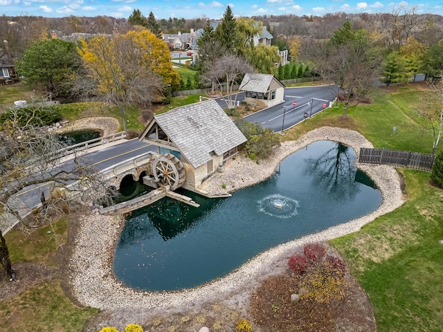 aerial view featuring a water view