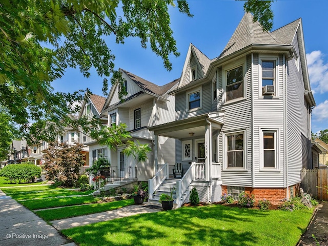 victorian-style house with a porch, cooling unit, and a front yard