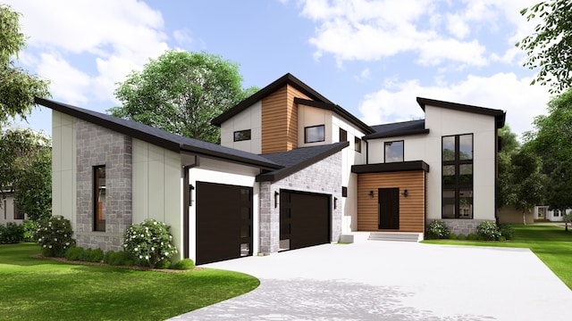 modern home featuring a garage and a front lawn