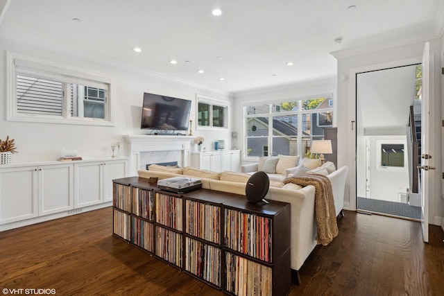 living room featuring ornamental molding and dark wood-type flooring