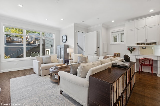 living room with crown molding and dark hardwood / wood-style floors