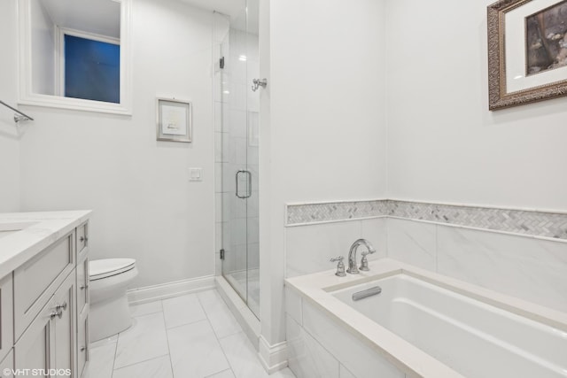 full bathroom with tile patterned floors, vanity, toilet, and separate shower and tub