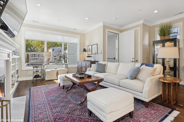 living room featuring ornamental molding and dark wood-type flooring