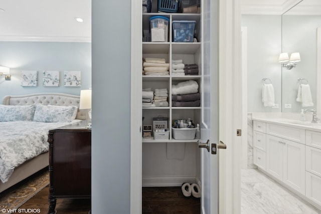 bedroom featuring crown molding and sink