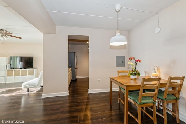 dining area featuring electric panel, dark hardwood / wood-style flooring, and ceiling fan