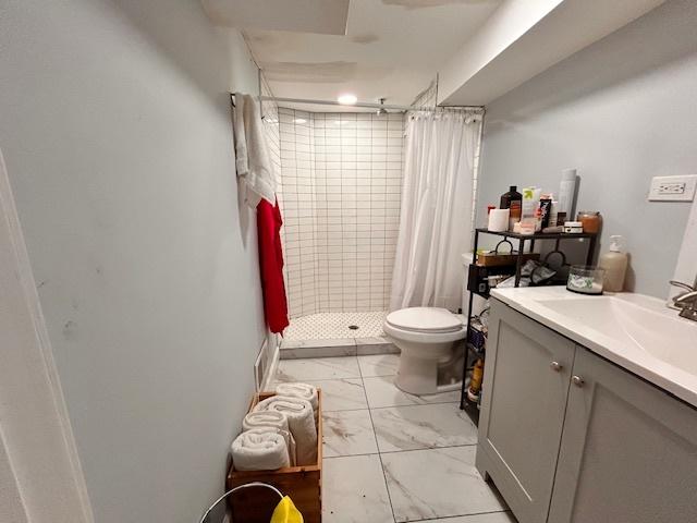 bathroom with toilet, vanity, and a shower with shower curtain