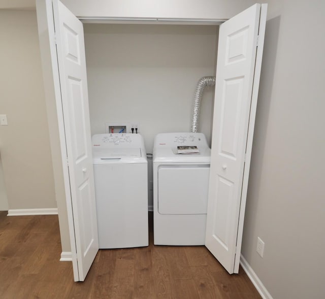 laundry room featuring washing machine and clothes dryer and wood-type flooring