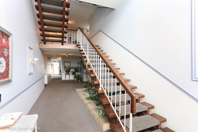 stairway featuring carpet flooring and a high ceiling