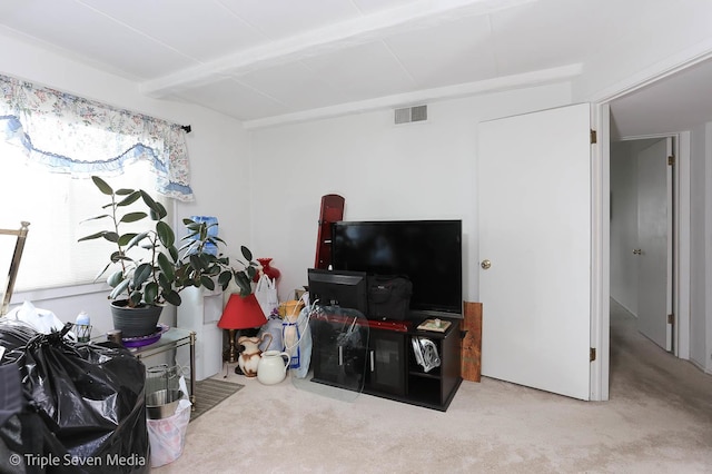 carpeted living room featuring beam ceiling and a healthy amount of sunlight