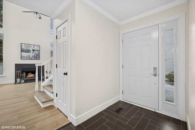 entrance foyer featuring crown molding, ceiling fan, and dark wood-type flooring